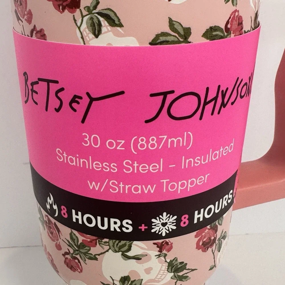 Betsey Johnson Skull Rose Pink 30oz Tumbler Handle Straw Insulated